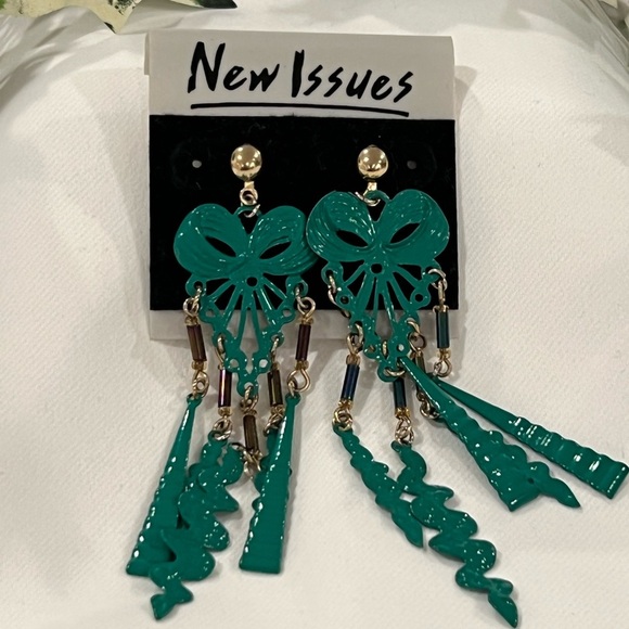 Vintage Teal Statement green Earrings - Retro Dangle "New Issues" Bold 80s Style - Picture 1 of 5
